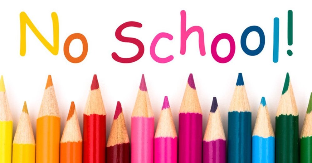 Picture of colored pencil in rainbow colors with text above the says "No School"