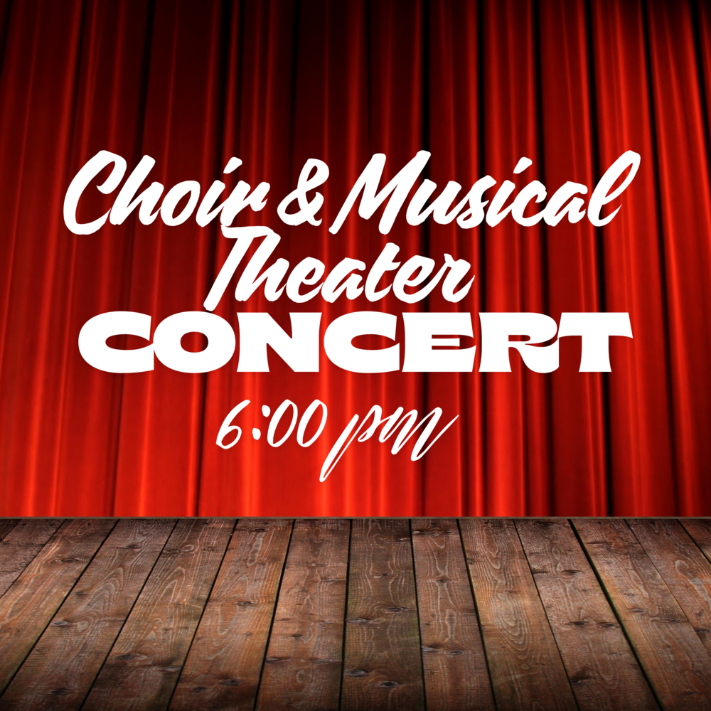 "Choir & Musical Theater Concert" stage and red curtains 