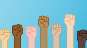 fist raised in solidarity, multiple skin colors