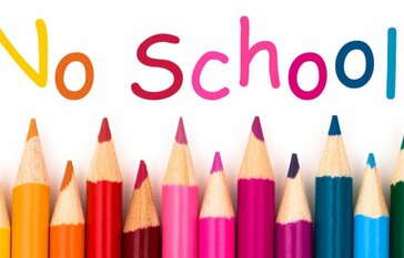 Picture of colored pencil in rainbow colors with text above the says "No School"