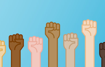 fist raised in solidarity, multiple skin colors