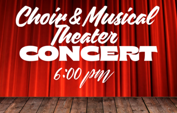 "Choir & Musical Theater Concert" stage and red curtains 