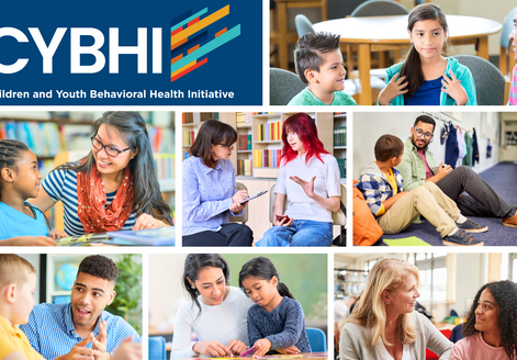 CYBHI graphic featuring children and teens receiving behavioral health support in school-based settings.